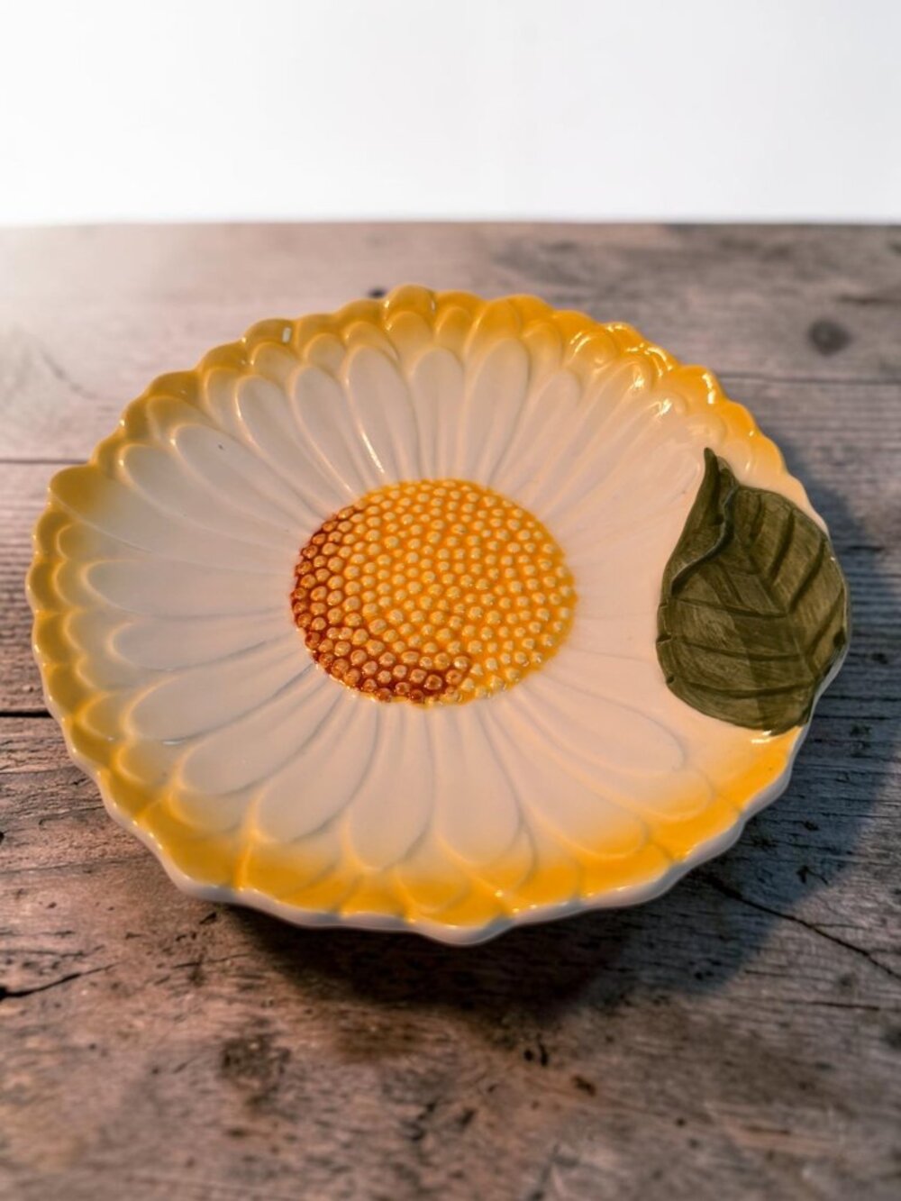 Hand-Painted Ceramic Daisy Plate With Leaf Accent By Andre Richard Japan